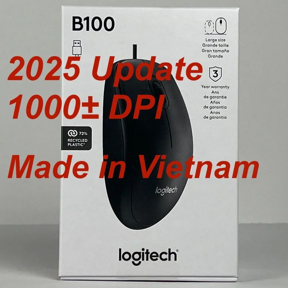 2025 NEW Logitech B100 Ambidextrous/Left Handed Mouse 1000 DPI USB Wired Scroll